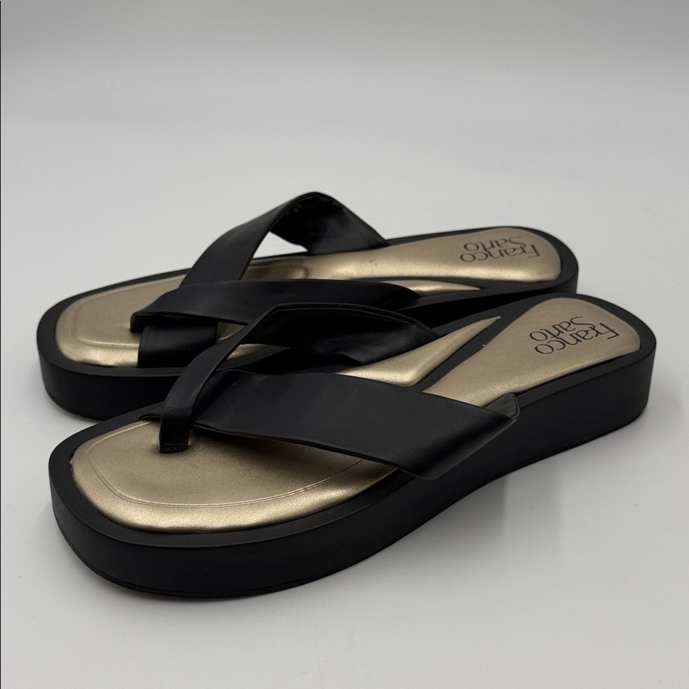 Franco Sarto Black and Gold Platform Flip Flop Sandals